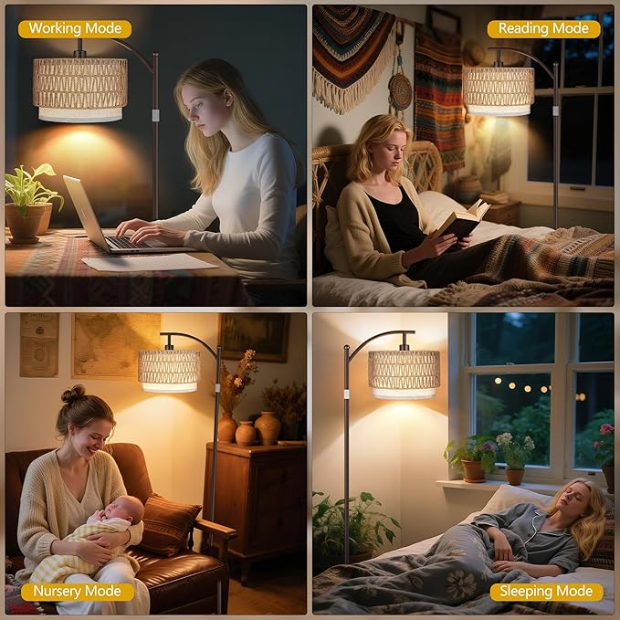 ROTTOGOON Arc Floor Lamps for Living Room, Boho Farmhouse Floor Lamp with Remote & Dimmable Bulb, Standing Lamp with Rattan & Fabric Shades, Adjustable Tall Lamp for Bedroom Office-Brown