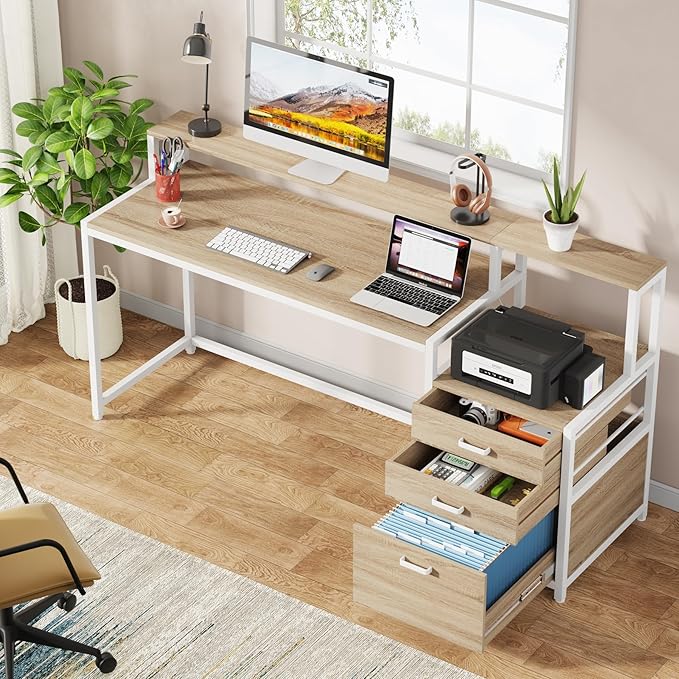 Tribesigns 63 Inch Computer Desk with File Drawer Cabinet, Ergonomic Office Desk with Monitor Stand, Industrial Computer Table with Printer Space, Wood PC Table Workstation Desk for Home Office