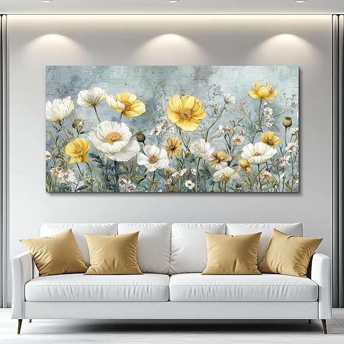 QIYILEXWART Large Wall Decor For Living Room Canvas Wall Art For Office Modern Wall Decorations For Bedroom Yellow White Flowers Landscape Painting Farmhouse Pictures Artwork Room Home Decor 24x48 In