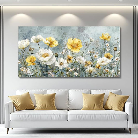 QIYILEXWART Canvas Wall Art For Living Room Wall Decor For Bedroom Office Wall Decoration Yellow White Flowers Landscape Painting Farmhouse Pictures Artwork Room Aesthetic Home Decor 20x40 In