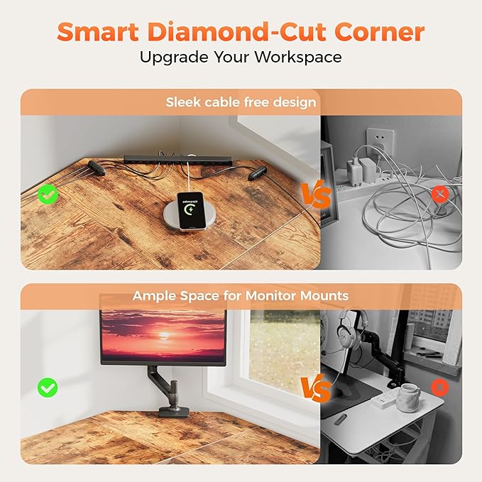 Mericonia 66 inch Large L Shaped Desk, Simple Corner Gaming Desk with CPU Stand & Hooks, Computer Desk for Home, Bedroom & Office Workspace, Rustic Brown