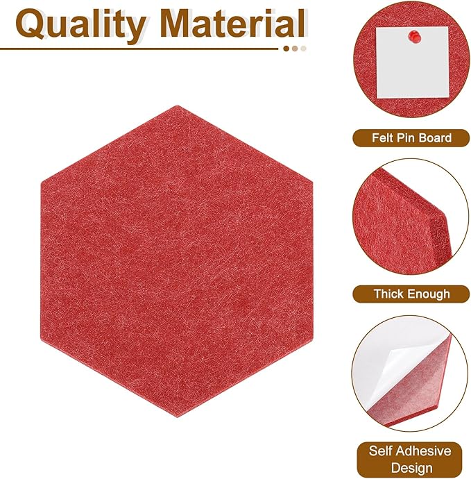 uxcell 6 Pcs Hexagon Felt Pin Board with 40 Pcs Pushpins 8.7" x 7.5" Self Adhesive Felt Bulletin Board Cork Boards for Walls Decorations Paste Notes Photos Schedules, Red