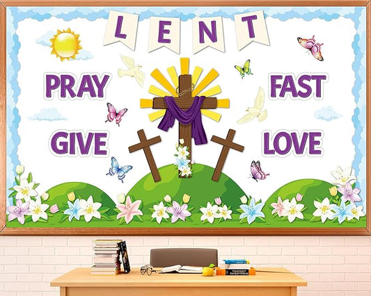 Lent Christian Bulletin Board Set Easter Religious Cross Classroom Decoration Lent Pray Fast Give Love Bulletin Board Lily Flower Cutouts for Sunday School Church Parish Catholic Chalkboard Wall Decor
