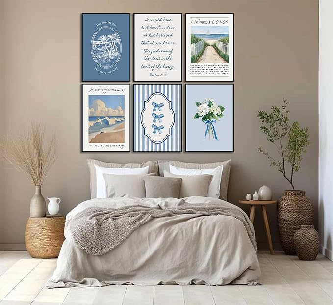 6Pcs Blue Coastal Christian Wall Art Bible Verse Canvas Painting Coastal Granddaughter Preppy Pictures Wall Decor Blue Hydrangea Bow Aesthetics Posters Prints for Girls Bedroom Living Unframed