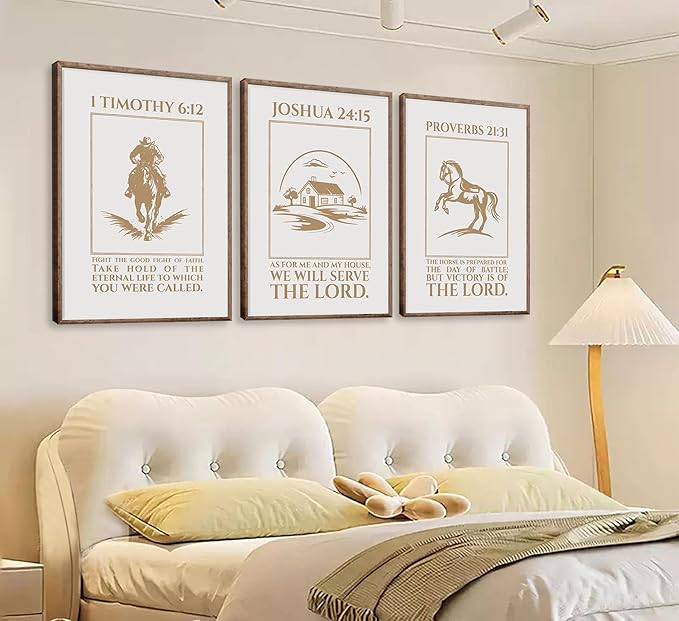 XXOUYLQ 3pcs Western Christian Wall Art Inspirational Scriptures Painting Cowboy Christian Posters Motivational Faith Prints War Horse Bible Pictures Golden Sand Canvas Jesus Wall Decor unframe
