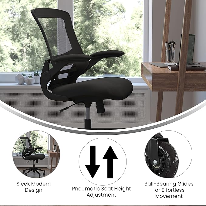 Flash Furniture Kelista Mid-Back Black Mesh Swivel Ergonomic Task Office Chair with Flip-Up Arms and Transparent Roller Wheels