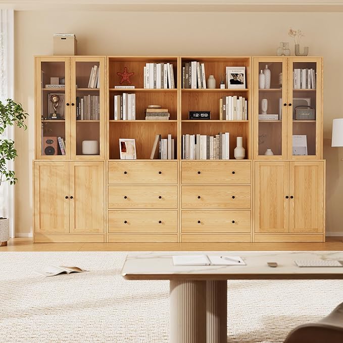 TUSY 71" H Bookshelf with Storage, 6-Tier Modern Bookshelves with 3 Large Drawer, Display Bookcase with Glass Doors, Modern 5-Tier Curio Cabinet for Home Office, Dining Room (Wood, ABBA)