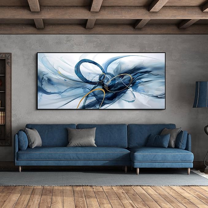 XLSJERST Abstract Wall Art for Living Room - Extra Large 86x39 Inches Canvas Frame Wall Decor Blue Picture Artwork for Bedroom Office Home Decoration