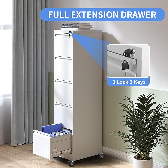5 Drawer File Cabinet with Wheels, Metal Mobile File Cabinet with Lock, Rolling Filing Cabinet Home Office for Hanging File Folders, Letter Size, Legal Size, A4 Size, Require-Assembled, White