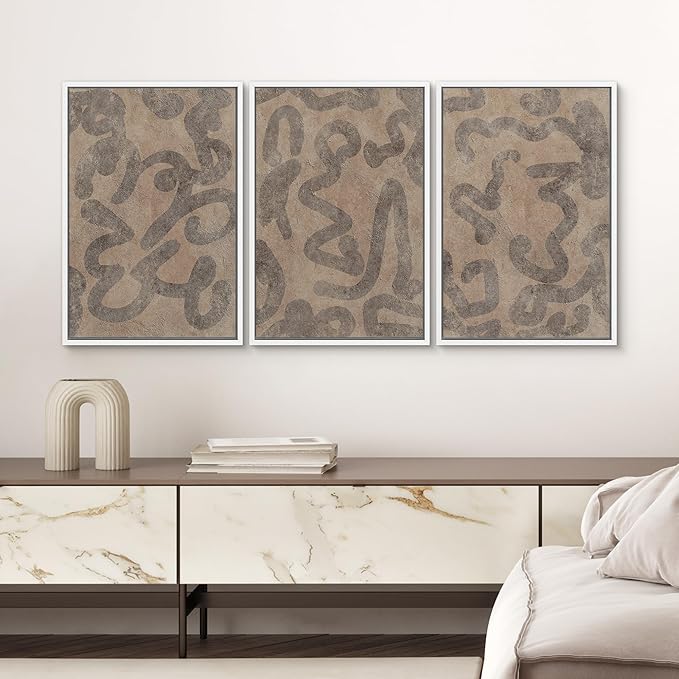 SIGNWIN Framed Canvas Print Wall Art Set Rustic Abstract Earth Tone Curved Line Design Illustrations Modern Art Decorative Abstract for Living Room, Bedroom, Office - 16"x24"x3 White