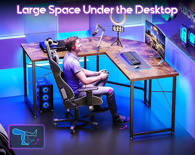 Casaottima 51 Inch L Shaped Gaming Desk, Corner Table Sturdy Workstation for Home Office, Writing, Gaming, Computer Desk for Small Space, Easy Assembly, Rustic Brown