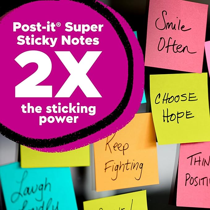 Post-it Super Sticky Notes, Assorted Bright Colors, 3x3 in, 15 Count, 45 Sheets/Pad, 2X The Sticking Power, Recyclable, Multi-Color (Pack of 6)