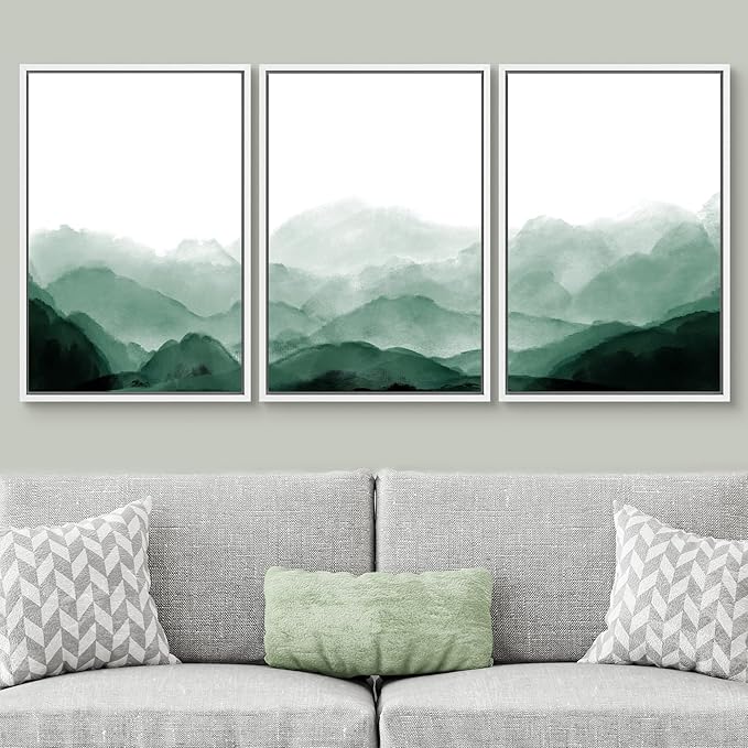 SIGNWIN Framed Canvas Print Wall Art Green Watercolor Mountains in Fog Nature Wilderness Illustrations Modern Art Rustic Scenic Relax/Calm Cool for Living Room, Bedroom, Office - 16"x24"x3 White