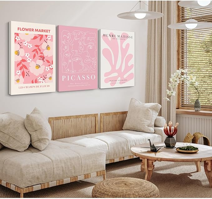 Matisse Abstract Wall Art Decor Pink Flower Canvas Pictures Picasso Aesthetic Wall Art Henri Matisse Prints Poster Abstract Flower Painting Market Artwork for Bedroom 12x16 Inch Framed Set of 3