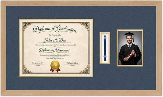 Diploma Tassel and Photo Frame Natural Wood Shadowbox Navy Blue Over Gold Mat - Fits 14 x 11 Degree Picture Made in the USA