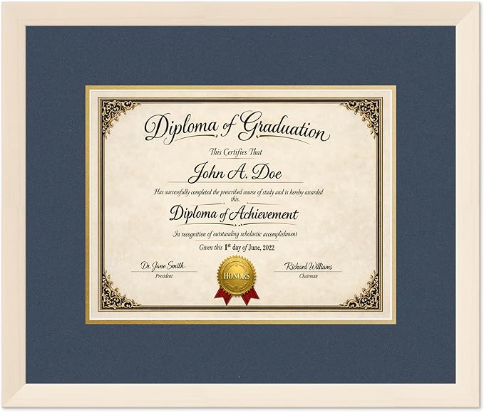 Diploma Frame Coastal Whitewash with Navy Blue Over Gold Double Mat - Fits 13 x 10 College Diploma (Traditional) Wall Display Made in the USA