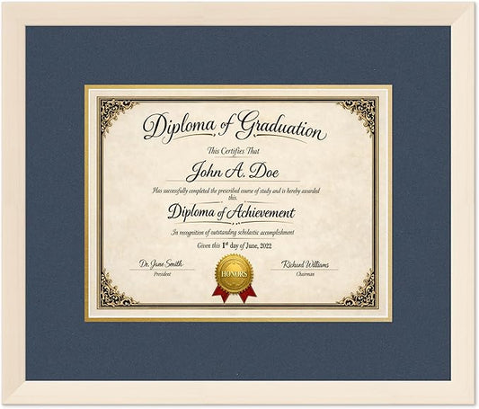 Diploma Frame Coastal Whitewash with Navy Blue Over Gold Double Mat - Fits 13 x 10 College Diploma (Traditional) Wall Display Made in the USA