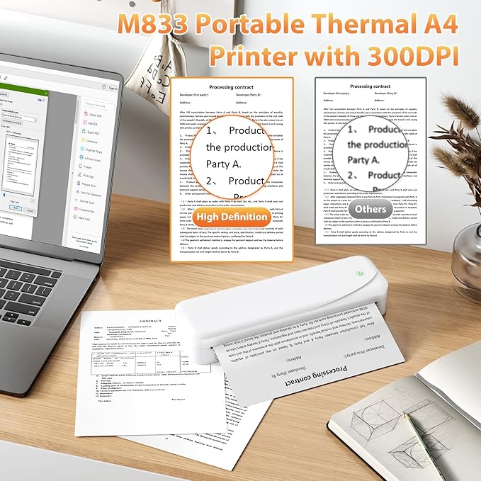 Phomemo Portable Printers Wireless for Travel, M833 Bluetooth Thermal Printer Compatible with Phone & Laptop,Support 8.5'' x 11'' US Letter & A4, 300Dpi Inkless Mobile Printer for Office, Home, School