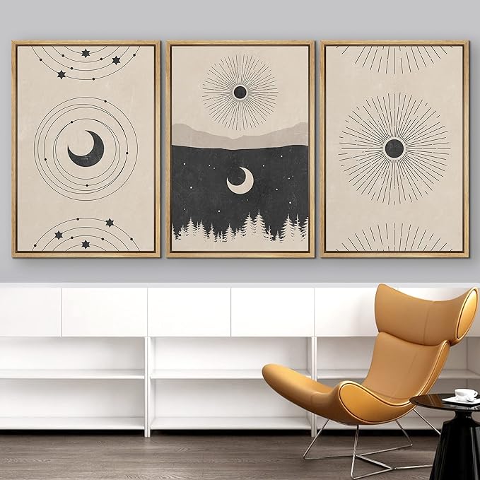 IDEA4WALL Framed Canvas Print Wall Art Set Crescent Moon Shining Sun Forest Galaxy Astronomy & Space Nature Illustrations Modern Art Rustic for Living Room, Bedroom, Office - 24"x36"x3 Natural
