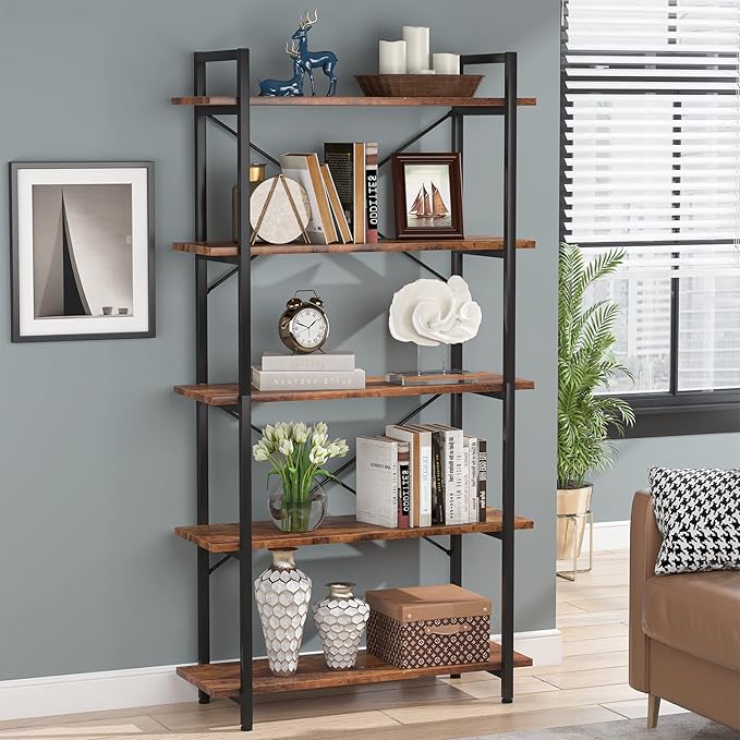Tribesigns 5 Tier Bookshelf Set of 2, Industrial Etagere Bookcase with Metal Frame, Rustic Tall Book Shelf Unit for Living Room, Study, Home Office (2, Rustic)