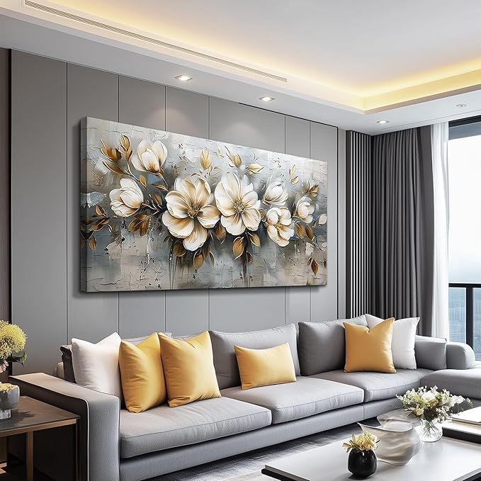 PHAOHUAXM Large Canvas Wall Art For Bedroom Wall Decoration For Living Room Restaurant Office Mural Abstract White Flowers Paintings Printing Artwork Modern Posters Home Decor Ready To Hang 24"x48"