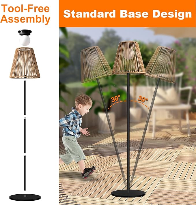 Outdoor Solar Floor Lamp, Garden Rattan Wicker Light, Metal Pole and Base, Waterproof Yard Garden Wedding Home Decor Light -Brown
