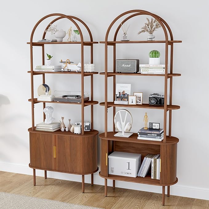 71" Tall Fluted Arched Bookshelf with Sliding Tambour Doors, Mid Century Modern Metal Curved Bookshelf Cabinet with Storage, 4-Tier Open Display Storage Shelf for Home Office, Living Room (Walnut)