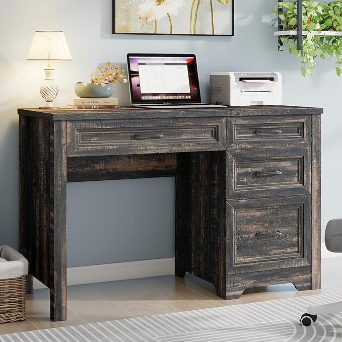 Farmhouse Executive Desk with Drawers, Wood Computer Desk with Ample File Drawer, Rustic Home Office Desk with Storage for Bedroom, Living Room, Dark Oak
