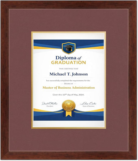 Diploma Frame Rustic Walnut with Dark Red Over Gold Double Mat - Fits 8.5 x 11 Certificate (Portrait) Wall Display Made in the USA