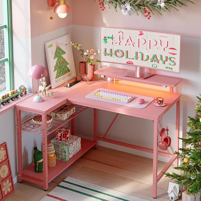 Bestier Pink Computer Desk with Power Outlets,42 LED Small Gaming Corner Desk with Reversible Storage Shelves,L Shaped Desk with Headset Hooks Studying and Workstation Desk for Office and Bedroom