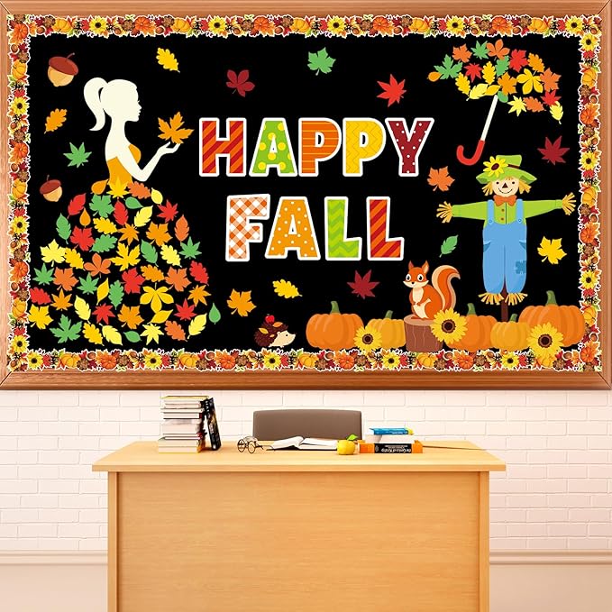 gisgfim Thanksgiving Fall Bulletin Board Decorations Happy Autumn Themed Party Paper Cutouts Maple Leaf Pumpkin Squirrel Bulletin Board Set for Home School Classroom Wall Decoration Decor Supplies