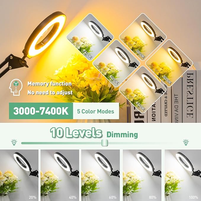 12X & 30X Magnifying Glass with Light, 3 Section Long Swing Arm LED Desk Lamp with Large Clamp, 5 Color and Brightness Magnifier Light for Workbench Crafts (12X&30X 35in Circular Button Clamp)