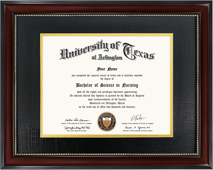 GraduationMall 8x10 Diploma Frame with Black over Gold Mat or Display 11x14 Document without Mat, Tempered Glass, Mahogany with Gold Beads