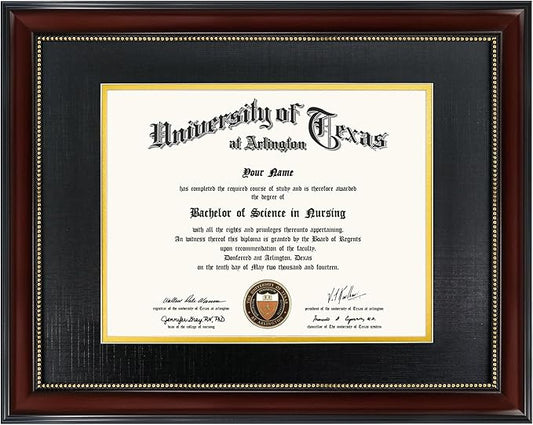 GraduationMall 8x10 Diploma Frame with Black over Gold Mat or Display 11x14 Document without Mat, Tempered Glass, Mahogany with Gold Beads