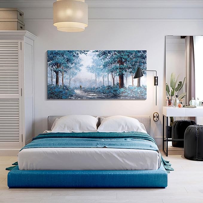 KLAKLA Prussian Blue Wall Art - Vibrant Color Matching - Multi-layered Paint Overlay Effect & 24x48 inch Blue Leaves Plant Forest Picture Artwork Living Room Wall Decor