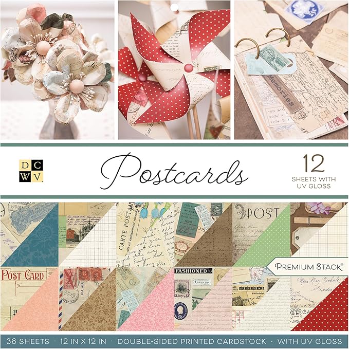DCWV Printed Cardstock Paper 12x12, 36 Sheets of Scrapbook Paper for Crafts and Card Making, Double Sided Heavy Duty Cardstock with UV Gloss Accents - Postcards