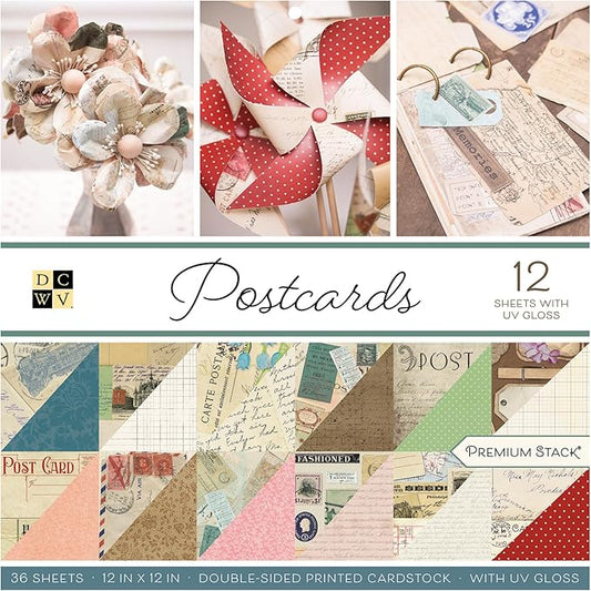 DCWV Printed Cardstock Paper 12x12, 36 Sheets of Scrapbook Paper for Crafts and Card Making, Double Sided Heavy Duty Cardstock with UV Gloss Accents - Postcards