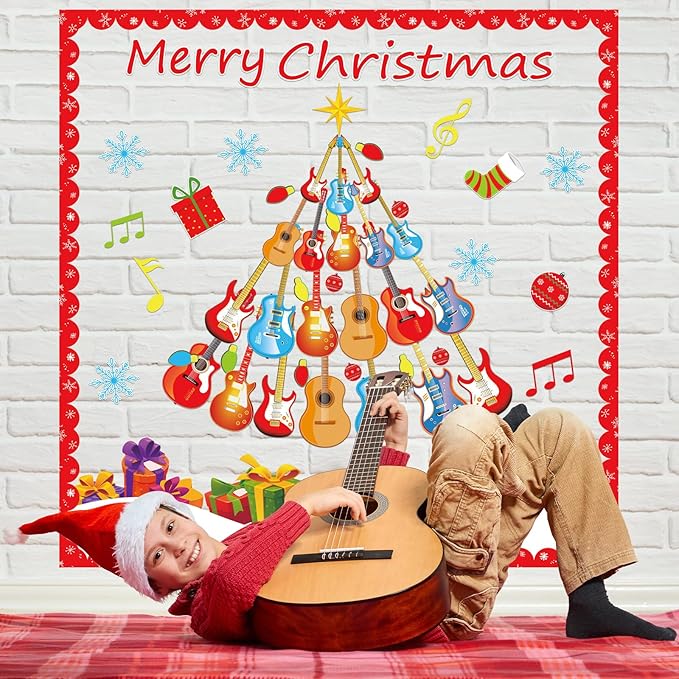 gisgfim Christmas Bulletin Board Decoration Set Guitar Christmas Tree Paper Cutouts Merry Xmas Music Classroom Bulletin Board Decor for Xmas Winter Holiday School Door Home Wall(Guitar)