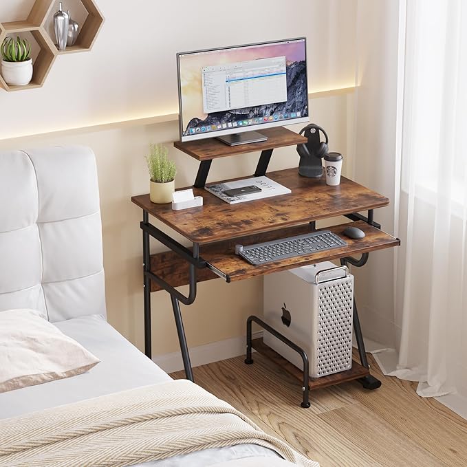 TigerDad Gaming/Computer Desk, Home Office Small Desk with Monitor Stand, Rustic Writing Desk, Dismountable Computer Tower Stand, Adjustable Storage Space, Modern Design Corner Table