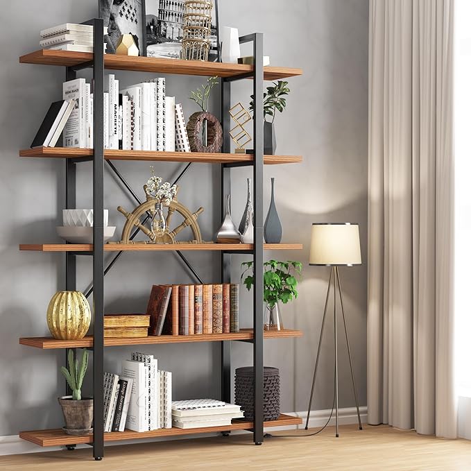 BATHWA Wood and Metal Minimalist 5 Tier Bookshelf, 6 feet Tall Open Rustic Wide Bookcase Industrial Style, Modern Wooden Big Book Shelf for Home Living Room Bedroom Office Storage, Rustic Brown
