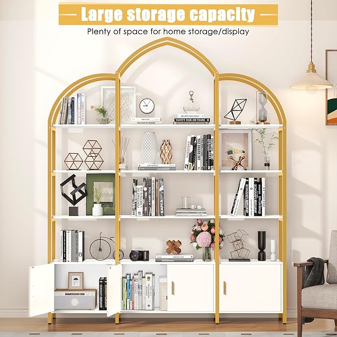 86" Gold Bookshelf, Triple Wide 5 Tier Arched Bookshelves & Bookcases with Storage, Large Modern Metal Book Shelf Stand for Bedroom/Living Room/Office Display Shelves, White & Gold