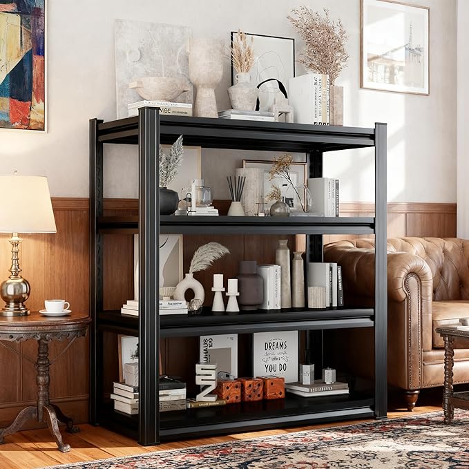Book Shelf, Metal Bookshelves, Heavy Duty Bookcases, Large Storage Capacity Adjustable Tall Industrial Bookshelf for Living Room, Bedroom and Study Room, Black (4-Tier 63''Hx35''Wx18''D)