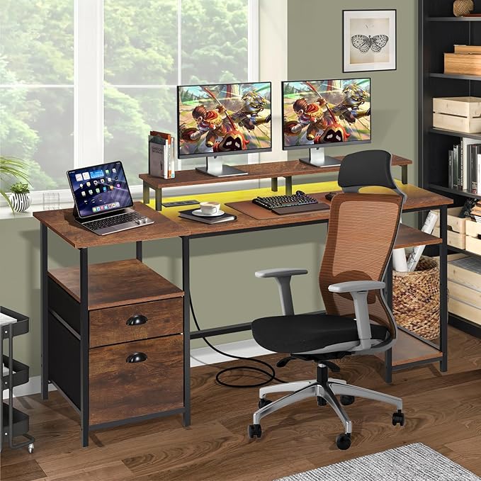 Panana 61.4" Computer Desk with Power Outlet and LED Lights, Desk with 2 Fabric File Cabinet Drawer, Large Reversible Gaming Desk with Shelves and Monitor Stand, Writing Study Desk for Home Office