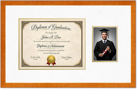 Diploma Frame With Photo Opening Honey Oak Oyster Shell Over Gold Mat - Fits 13 x 10 Degree and Picture Made in the USA