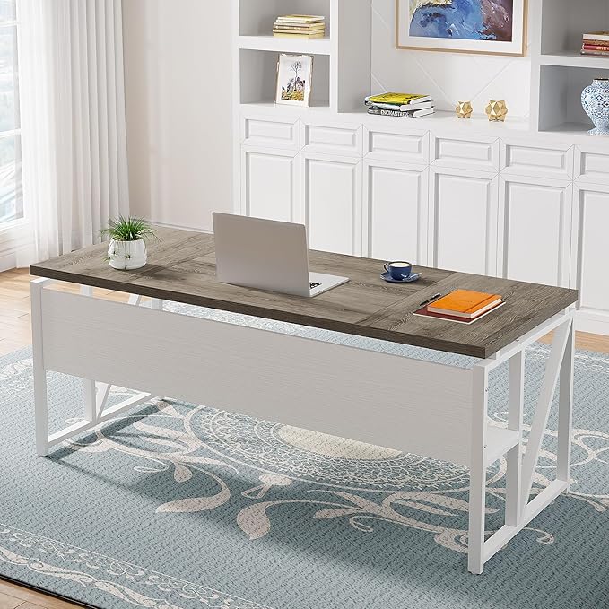 Tribesigns 63 inches Computer Desk with Bottom Storage Shelf Home Office Desk Writing Table for Workstation,Dark Walnut + Steel Leg， Cabinet not Included (Dark Oak, 63-inch-with Shelf)