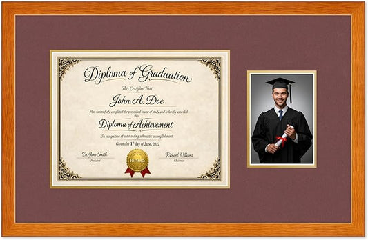 Diploma Frame With Photo Opening Honey Oak Dark Red Over Gold Mat - Fits 13 x 10 Degree and Picture Made in the USA