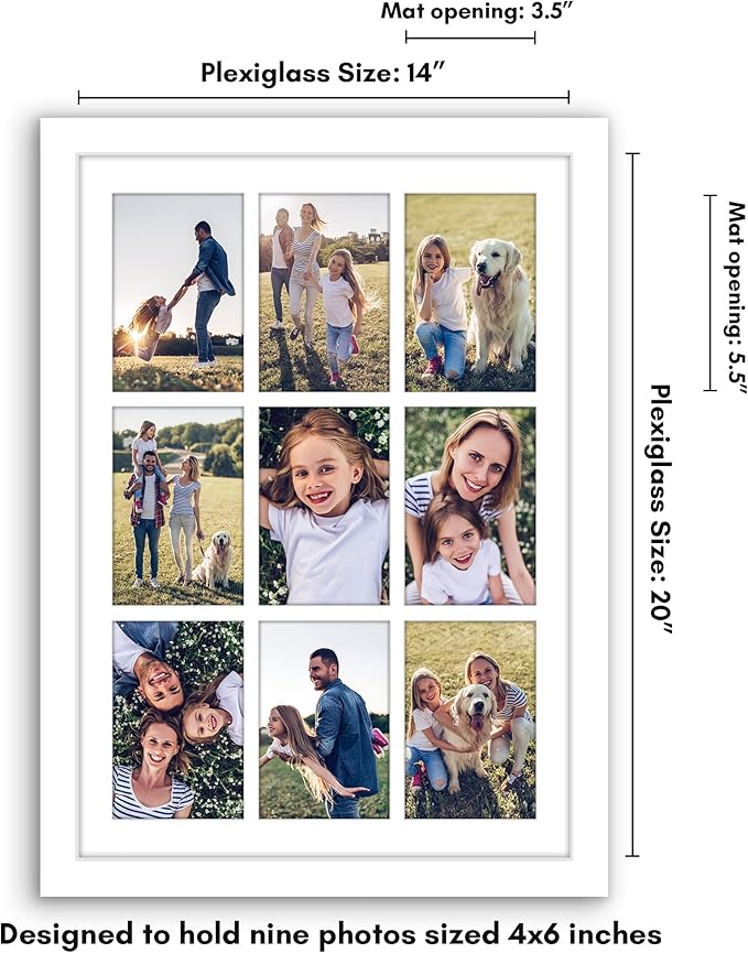 Americanflat 4x6 Collage Picture Frame with Polished Plexiglass - Multi Picture Frames Fit Nine 4x6 Photos or Use as One 14x20 Frame for Wall Display - Signature Collection - White