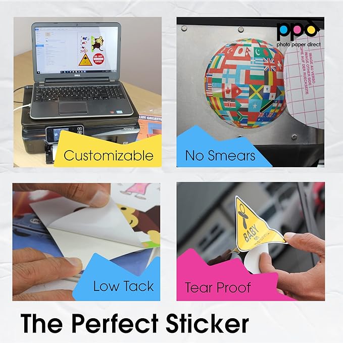 PPD Premium Printable Vinyl Sticker Paper for Inkjet Printer - 10 Glossy Sticker Paper 8.5 x 11 - Self-Adhesive, Waterproof, Tear Resistant, Instant Dry - PPD-36-10