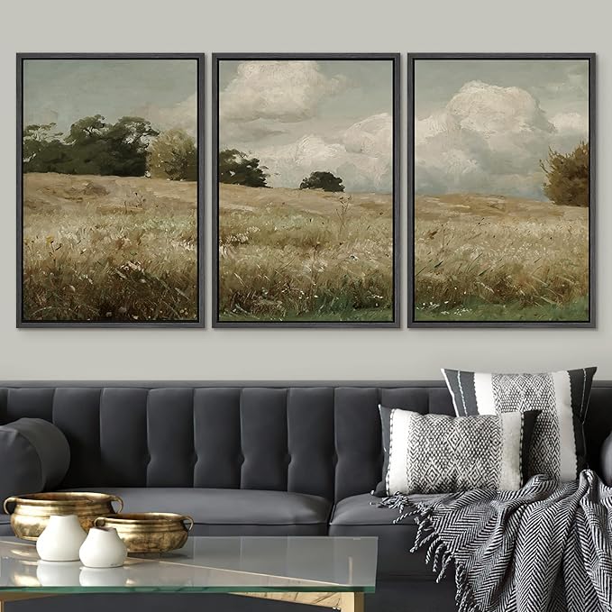 SIGNWIN Framed Canvas Print Wall Art Woodland Nursery Decor Set Watercolor Country Field Landscape Pasture Nature Abstract Fine Art Nordic for Living Room, Bedroom, Office - 24"x36"x3 Black