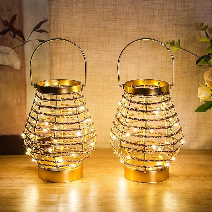 Set of 2 Metal Cordless Table Lamp 8 "H Metal Cage LED Cage Lamp with 6-Hour Timer, Vintage Decorative Fairy Lights Lantern for Indoor/Outdoor Bedrooms Weddings Parties Patio Events